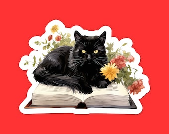 Black Cat Book Sticker, Literary Cat with Flowers Decal, Cute Cat Art