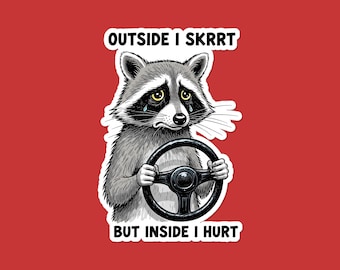 Outside I Skrrt Inside I Hurt Raccoon Sticker | Funny Driving Raccoon Vinyl Decal | Trash Panda Laptop Sticker | Gift