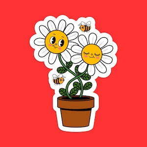 Cartoon Daisy Sticker, Cute Smiling Flowers with Bees Decal for Laptops, Water Bottles, and Cars