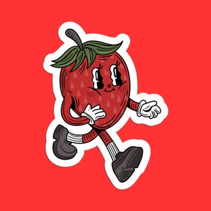 Pegatina de personaje de fresa, diseño de frutas de dibujos animados, arte caprichoso lindo, pegatina divertida y peculiar