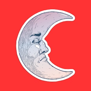Crescent Moon Sticker, Artistic Moon Face Decal, Celestial Mystical Lunar Sticker
