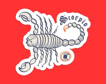 Könnte beinhalten: Ein weißer Aufkleber mit einer detaillierten Linienzeichnung eines Skorpions mit dem Wort "Scorpio" in einer stilisierten Schriftart. Der Skorpion ist zu sich selbst zusammengerollt, mit dem Schwanz nach oben. In der unteren rechten Ecke des Aufklebers befindet sich ein kleiner Kreis mit einem Skorpion darin.