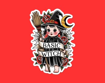 Hexe Basic Sticker | Lustiger Halloween-Vinyl-Aufkleber | Süßer Witchy Humor Laptop Sticker | Gruseliges Geschenk