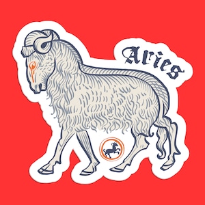 Adesivo do zodíaco de Áries, decalque de símbolo de carneiro, arte de astrologia vintage, design de cartão de tarô de Áries, adesivo de Áries celestial