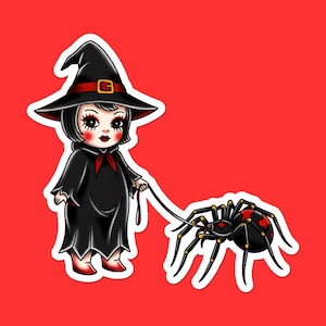 Pegatina de araña bruja caminante / Bonita calcomanía de vinilo de Halloween / Pegatina para portátil de mascota araña negra / Regalo espeluznante y tierno