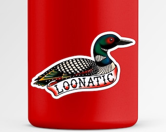 Lustiger Loon Aufkleber | “LOONATIC” Girlande | Loon Vogel Vinyl Aufkleber | See Leben Cabin Art | Im Tattoo-Stil