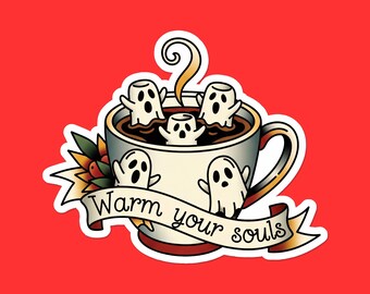 Réchauffez votre esprit fantôme Sticker tasse de Zazzle.be Liste d'envies Vous avez des idées ? Sticker vinyle mignon Halloween | Sticker automne pour ordinateur portable | Cadeau boisson effrayante