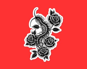 Centipede with Black Roses Sticker | Gothic Insect Vinyl Decal | Tattoo Style Laptop Sticker | Dark Nature Gift
