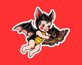 May include: A sticker featuring a baby in a black bat costume with yellow accents, holding a brown and yellow moth. The illustration has a white border and is set against a red background.