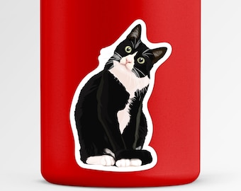 Pegatina de gato curioso con esmoquin, adorable calcomanía felina, adorable arte felino, regalo para amantes de las mascotas, diseño de gatito caprichoso, accesorio animal único