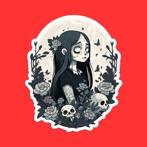 Gothic Girl in Garden Sticker, Dark Floral Art, Melancholic Gothic Illustration, Gothic Garden Sticker, Elegant Gothic Girl, Gothic Art