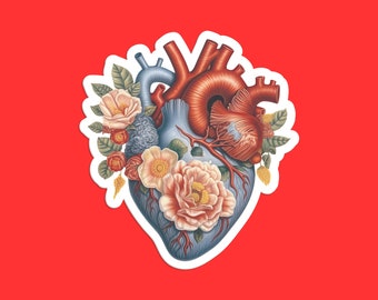 Anatomical Heart with Flowers Sticker, Artistic Heart and Floral Design, Botanical Heart Sticker