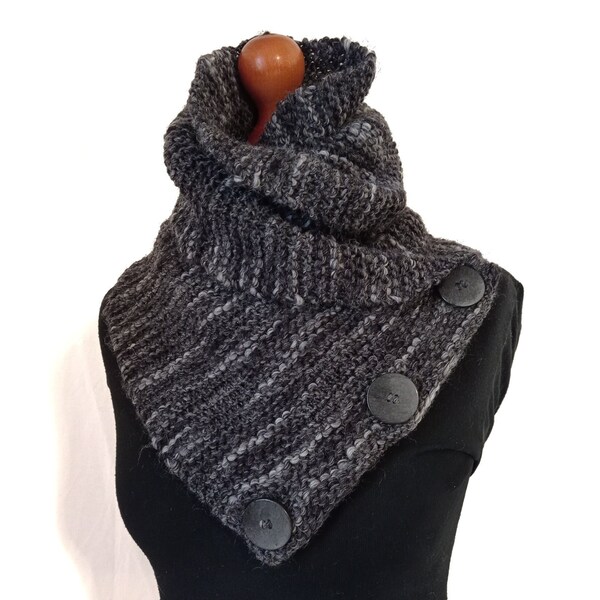 Buttoned scarf knit, knitted cowl scarf, unisex neck warmer, gray neck cowl, soft neck wrap, winter accessory, Christmas gift for her him