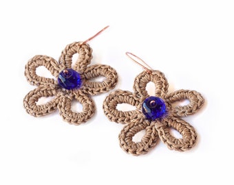 Crochet flower earrings in hemp twine with blue crystals and copper minimal symmetric floral earrings organic summer jewelry gift for her