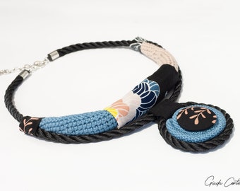 Silk mix crochet cotton necklace, mixed media boho chic collar, ethnic fabric jewelry, art nouveau textile neck piece, statement necklace
