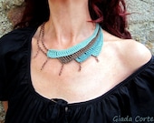 Ethnic tribal necklace,statement necklace,asymmetric necklace,Native inspired,jade green,brown,copper finish,crochet fiber necklace