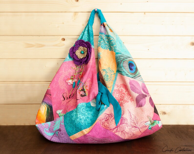 Origami boho tote bag japanese market bag multicolor large