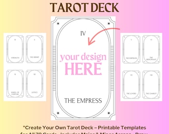 May include: A printable tarot deck template with a pink and yellow gradient background. The design includes the text "CREATE YOUR OWN TAROT DECK" and "your design HERE". Several tarot card designs are displayed, including "The Empress".