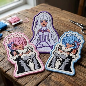 Re Zero Anime Patch - Ram, Rem, Emilia Embroidered Character Patch for Hoodies and Jackets (10x10 cm) | Custom Anime Fan Gift