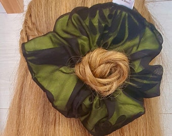Handmade Halloween Scrunchie: Repurposed Fabric, Lime Green & Black