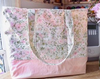 Handmade Floral Tote Bag: Coral Pink Travel Bag with Pockets