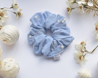 Handmade Pearl Tulle Scrunchie: Repurposed Fabric Hair Accessory