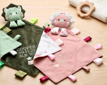 Handmade Dinosaur Security Blanket | Sensory Ribbon Tab Baby Toy, Custom Embroidered Keepsake