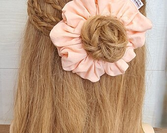 Handmade Peach Coral Scrunchie: Eco-Friendly Repurposed Fabric
