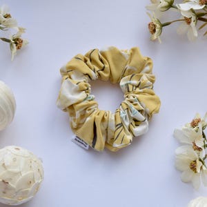 Handmade Yellow Floral Scrunchie: Repurposed Fabric Hair Accessory