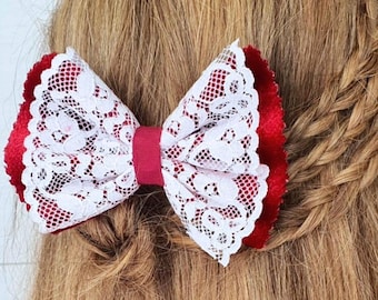 Handmade Red Velvet Lace Hair Bow – All Seasons - Barrette Clip