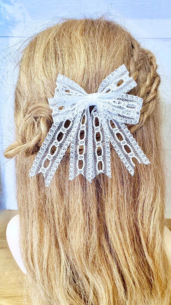 2 Simple Elegant Handmade White Lace Bows: Cottagecore Hair  display picture 3