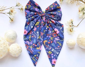 Skeleton Hair Bow with Tails: Handmade Repurposed Fabric Clip