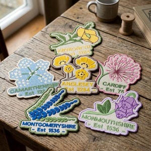 May include: Embroidered floral coasters in various shapes and colors, including yellow, blue, and pink. Each coaster features a different flower design and the name of a region with an established date. The coasters are arranged on a wooden surface.