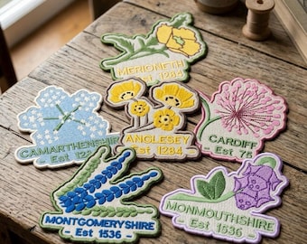 Wales County Iron On Patches | Native Flower Embroidery | Pembrokeshire, Cardiff, Anglesey & More | Handmade Applique | UK Travel Badge