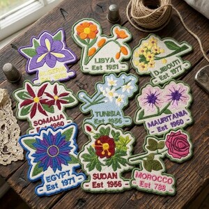 North Africa Country Iron on Patch – Embroidered Floral Badge Travel Souvenir Gifts Egypt Tunisia Somalia Mauritania Libya Morocco, Appliqué