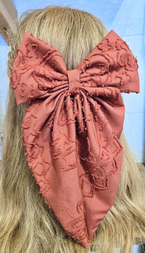 Oversized Embroidered Hair Bow - Rustic Coral Hair Clip - Etsy