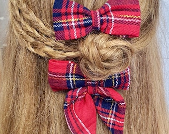 Handmade Christmas Tartan Mini Bow Set: Repurposed Fabric Hair Accessory