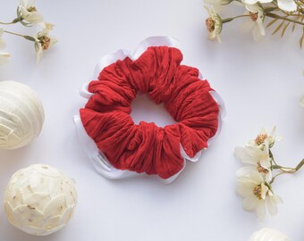 Handmade Red Scrunchie with White Ribbon: Festive Hair Accessory