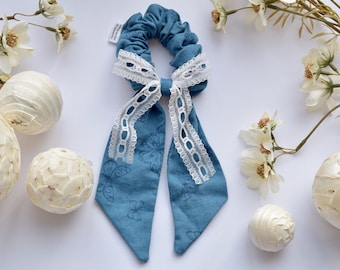 Blue Lace Scrunchie Scarf: Handmade Repurposed Fabric Hair Accessory
