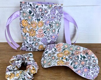Handmade Floral Sleep Mask & Scrunchie Gift Set: Repurposed Fabric Bag