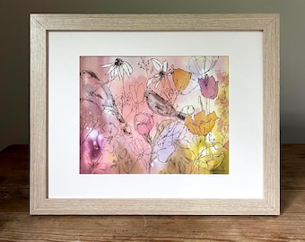 Birds and Wildflowers Watercolor Print | Whimsical Botanical Cottagecore Wall Art (8x10)