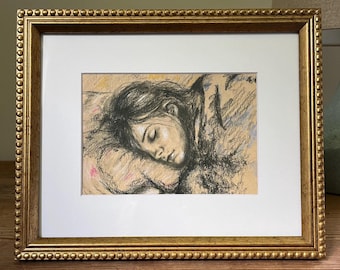 Sleeping Woman Charcoal Portrait: 5x7 Matted Fine Art Print