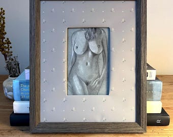 Framed nude study, original charcoal art in upcycled vintage floral wallpaper mat