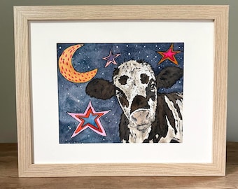 Whimsical Cow Moon Watercolor Painting | Framed 8x10 Farm Animal Folk Art