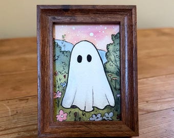 Little ghost original mini framed painting Aceo