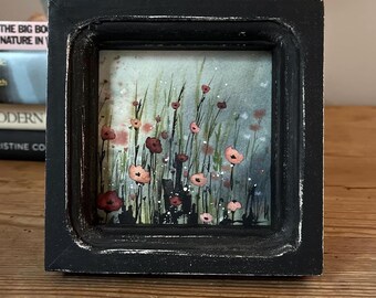 Framed original watercolor painting, Cottagecore 5x5 whimsical flower field and moon