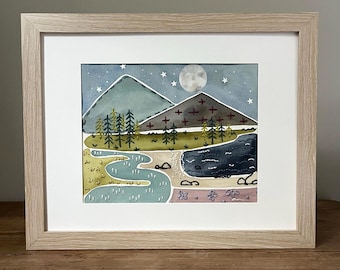 Framed West Coast Landscape Art, Watercolor Embroidery, Oregon Scenery