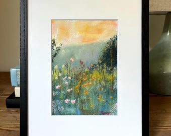 Original Pastel Painting print – Wildflower Meadow Landscape, Sunrise Field Art, Cottagecore Nature Wall Décor