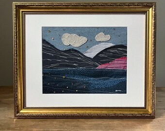 Framed West Coast Landscape Art, Watercolor Embroidery, Oregon Scenery