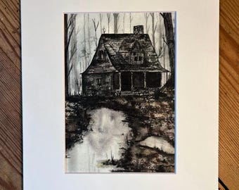 Haunted House Watercolor Print: Spooky Gothic Forest Cottage Wall Art